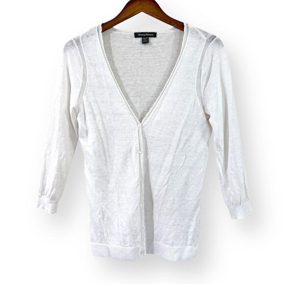 Tommy Bahama White 100% Linen Button Front Cardigan Size XS V-Neck 3/4 Sleeve - Picture 1 of 8